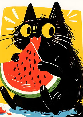 Black Cat Eating Watermelon