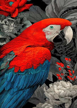 Vibrant Macaw Parrot Amidst Dark Floral Background
