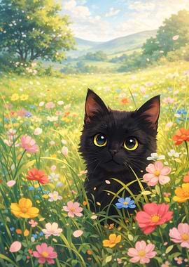 Cute Black Kitten in a Flower Field