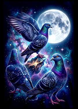 Three Pigeons in Cosmic Night Vintage Retro