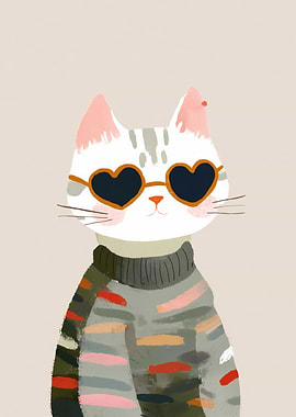 Cat Wearing Heart Sunglasses and Sweater