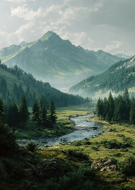 Misty Mountain Valley with River
