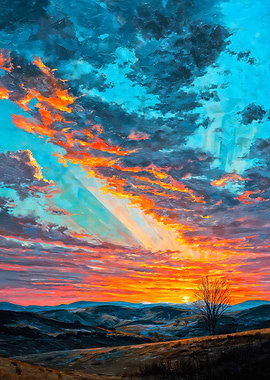Majestic Blue and Orange Sunset Painting