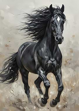 Black Horse Running in Dust
