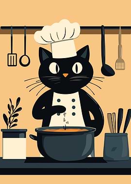 Chef Cat Cooking in Kitchen