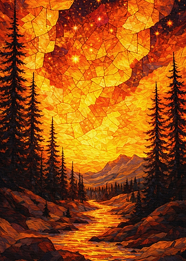 Fiery Mountain Landscape with River