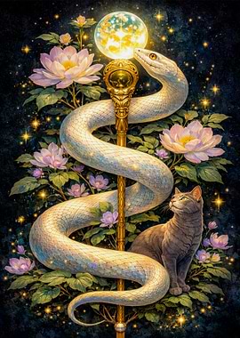 Mystical Snake and Cat with Moon