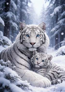 White Tiger Mother and Cub in Snow