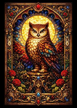 Stained Glass Owl with Roses