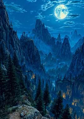 Moonlit Mountain Valley Fantasy Landscape