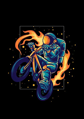 Astronaut riding a BMX bike with flames