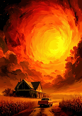 Farmhouse Under Fiery Sky