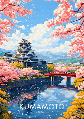 Kumamoto Castle with Cherry Blossoms