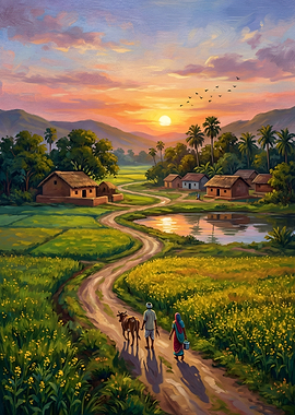 Rural Indian Village at Sunset