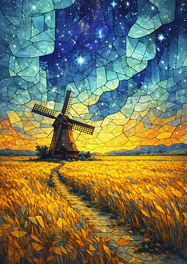 Stained Glass Windmill at Sunset