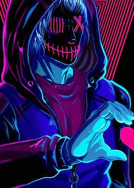 Neon Masked Figure Making Heart Shape