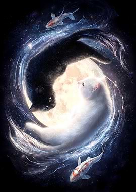 Yin Yang Cats and Koi Fish in Space