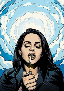 Lana Del Rey lighting a cigarette in clouds