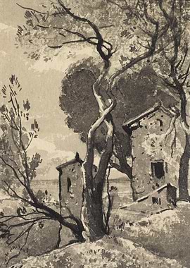 Rustic Italian Landscape with Buildings and Trees