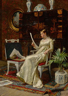 Woman Reading a Letter in an Ornate Room