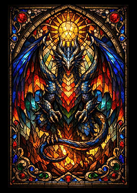 Stained Glass Dragon with Sun