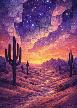 Desert Night Sky with Saguaro Cacti