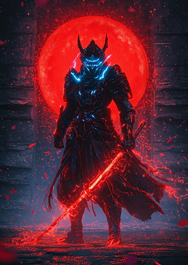 Cyberpunk Samurai Under Red Moon