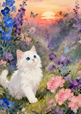 Cute white kitten in a flower field