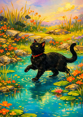 Black Cat in a Water Lily Pond
