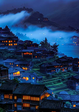 Misty Mountain Village at Dusk