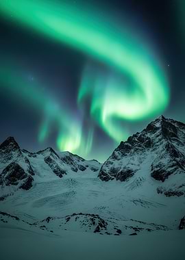 Aurora Borealis Over Snowy Mountains