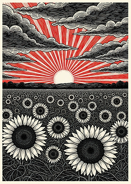 Sunflower Field Under a Red Sun