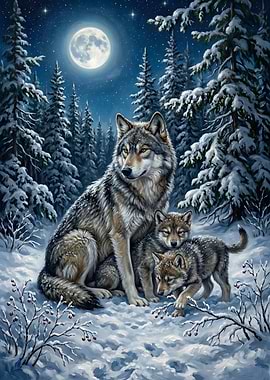 Wolves in a Snowy Forest at Night