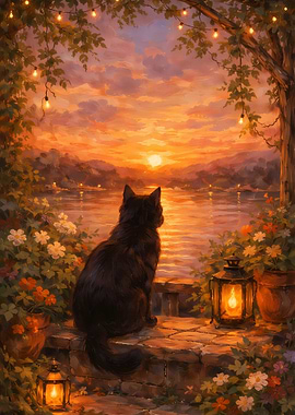 Black Cat Watching Sunset Over Lake