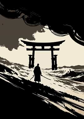 Samurai Before Torii Gate in Stormy Seas
