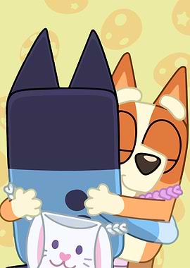 Bluey and Bingo Hugging a Bunny Pillow