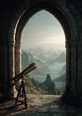 Telescope in Gothic Archway overlooking Mountains