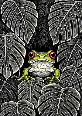 Green Frog with Red Eyes in Monstera Leaves