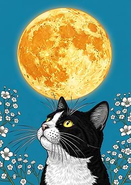 Tuxedo Cat Gazing at Orange Moon
