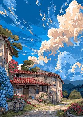 Swiss Idyllic Village Scene with Blooming Flowers Summer Japan Landscape