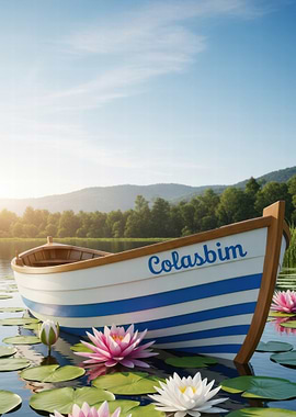 Rowboat on a serene lake with water lilies