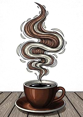 Steaming Coffee Cup on Wooden Table