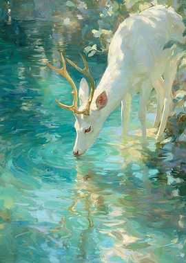 White Deer Drinking from Turquoise Water
