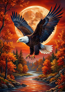 Bald Eagle Flying Over Autumn River