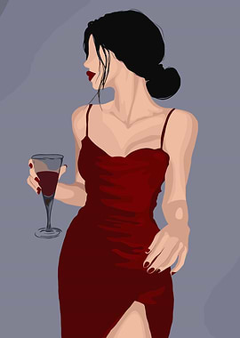 Woman in Red Dress with Wine