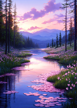 Serene Mountain River at Sunset