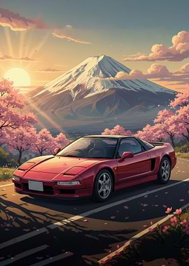 Red Sports Car with Mount Fuji and Cherry Blossoms
