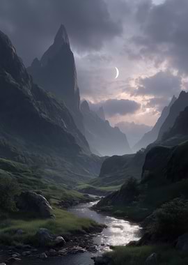 Misty Mountain Valley with Crescent Moon