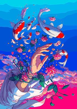 Koi Fish and Hand in Floral Dreamscape