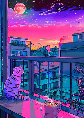 Cat on Balcony at Sunset
